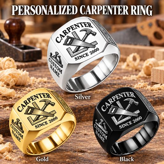 Carpenter Classic Emblem personalized ring in Silver, Gold and Black with CUSTOM NAME and SINCE 2000 on a woodworking workshop background