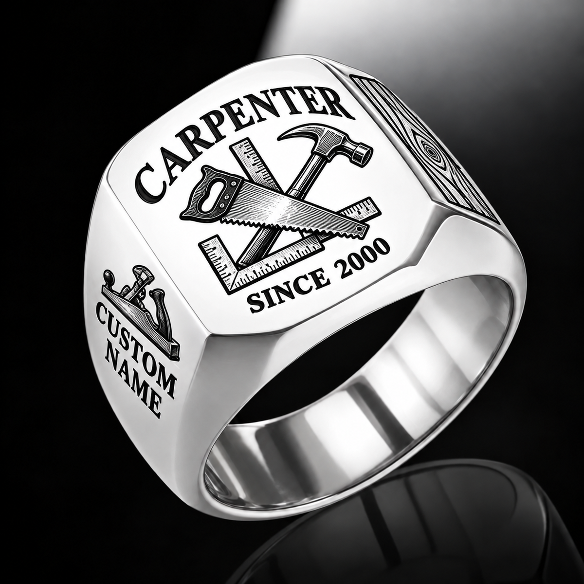 Carpenter Classic Emblem ring in Silver, showing CUSTOM NAME and SINCE 2000