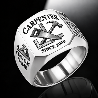 Carpenter Classic Emblem ring in Silver, showing CUSTOM NAME and SINCE 2000