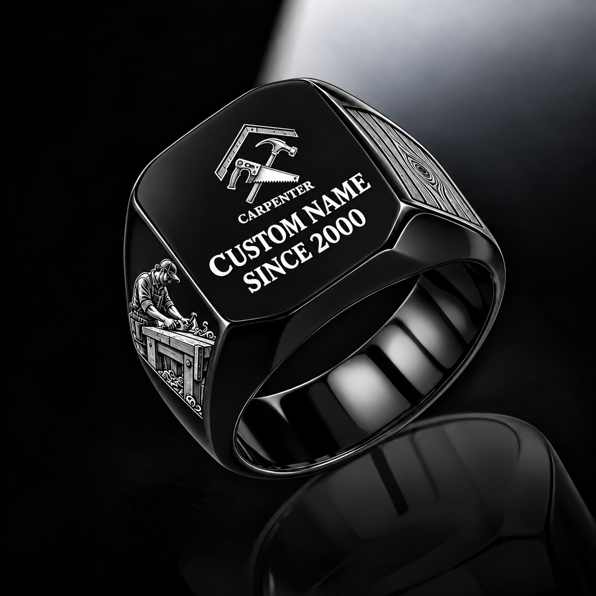 Carpenter Signature Crest ring in Black, showing CUSTOM NAME and SINCE 2000