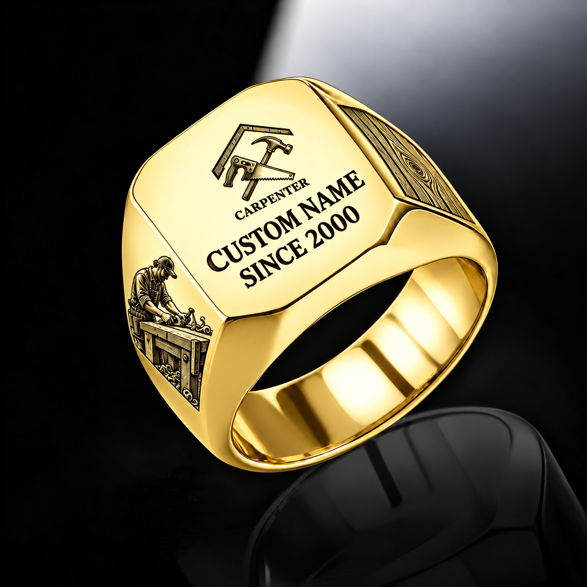 Carpenter Signature Crest ring in Gold, showing CUSTOM NAME and SINCE 2000