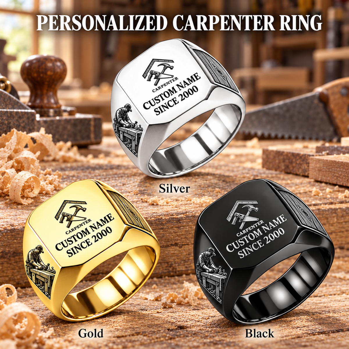Carpenter Signature Crest personalized ring in Silver, Gold and Black with CUSTOM NAME and SINCE 2000 on a carpenter-themed background