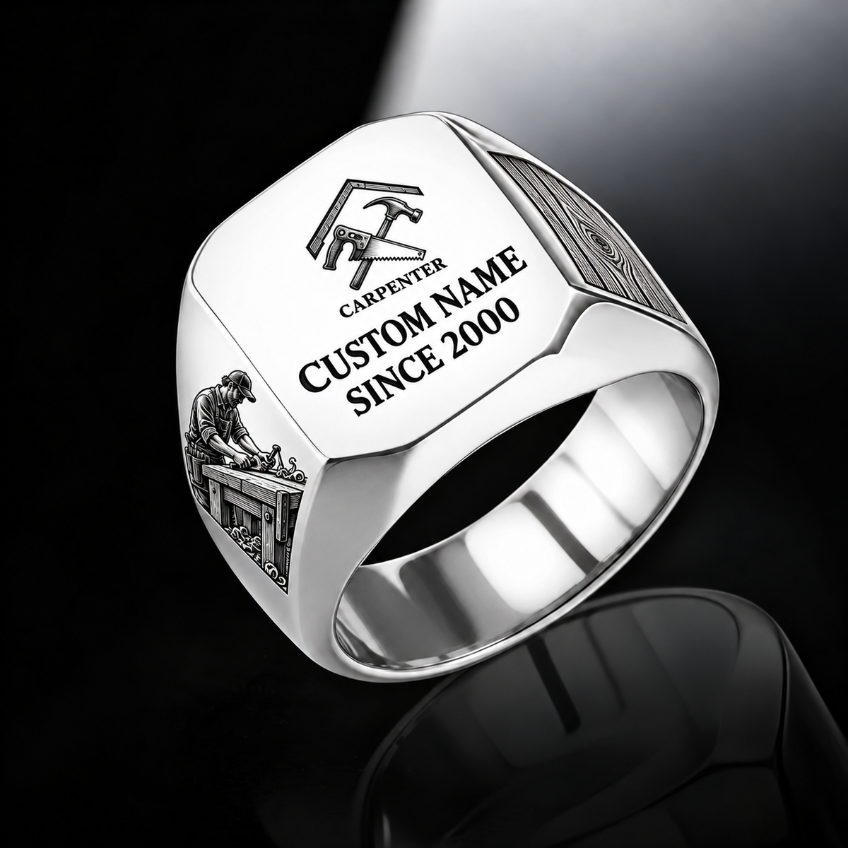 Carpenter Signature Crest ring in Silver, showing CUSTOM NAME and SINCE 2000