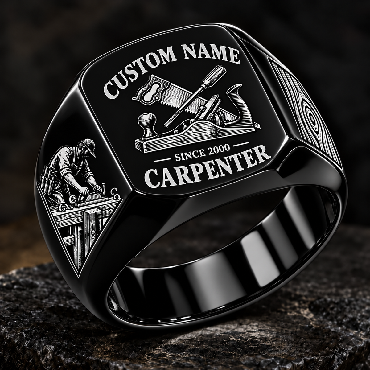 Carpenter Heritage Emblem ring in Black, showing CUSTOM NAME and SINCE 2000