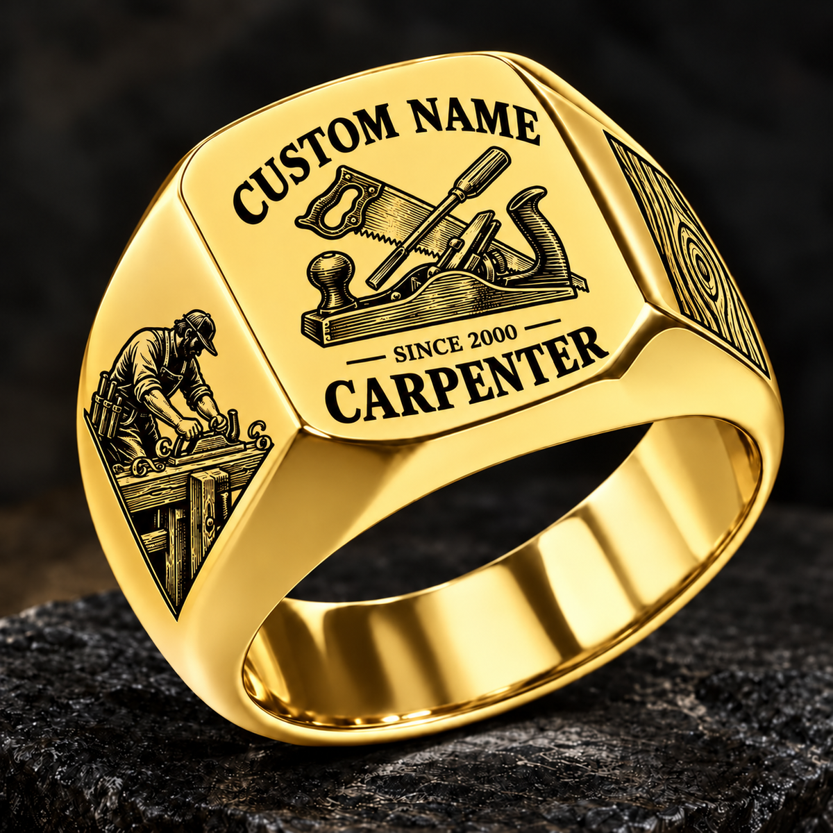 Carpenter Heritage Emblem ring in Gold, showing CUSTOM NAME and SINCE 2000