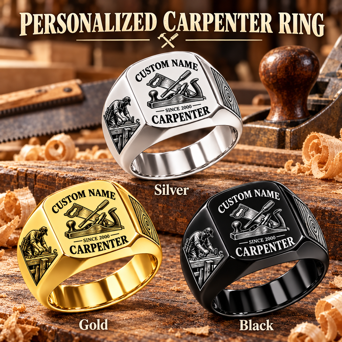 Carpenter Heritage Emblem personalized ring in Silver, Gold and Black with CUSTOM NAME and SINCE 2000 on a carpenter-themed background