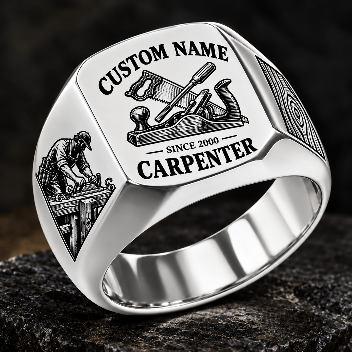Carpenter Heritage Emblem ring in Silver, showing CUSTOM NAME and SINCE 2000