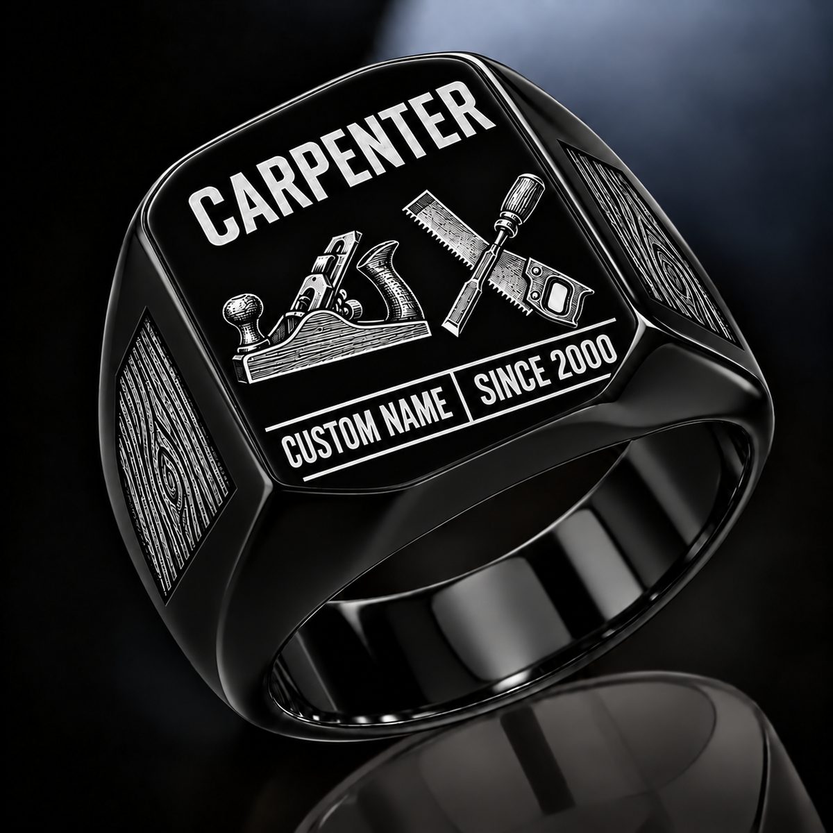 Carpenter Twin Icons ring in Black, showing CUSTOM NAME and SINCE 2000