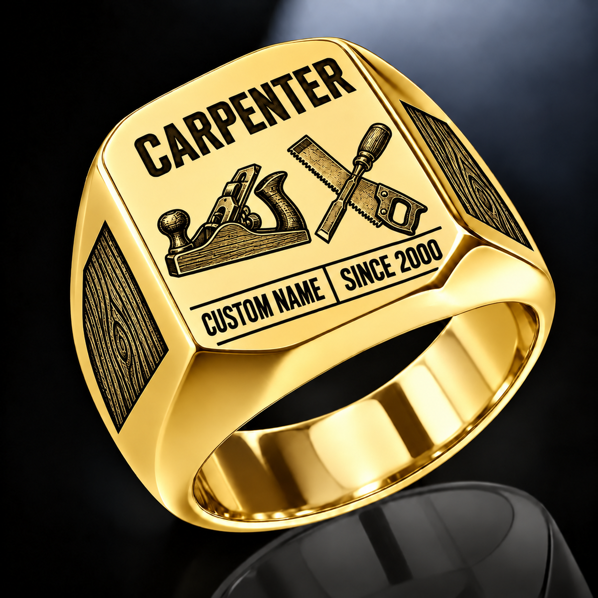 Carpenter Twin Icons ring in Gold, showing CUSTOM NAME and SINCE 2000