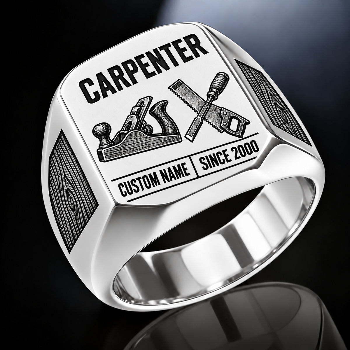 Carpenter Twin Icons ring in Silver, showing CUSTOM NAME and SINCE 2000