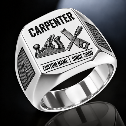 Carpenter Twin Icons ring in Silver, showing CUSTOM NAME and SINCE 2000