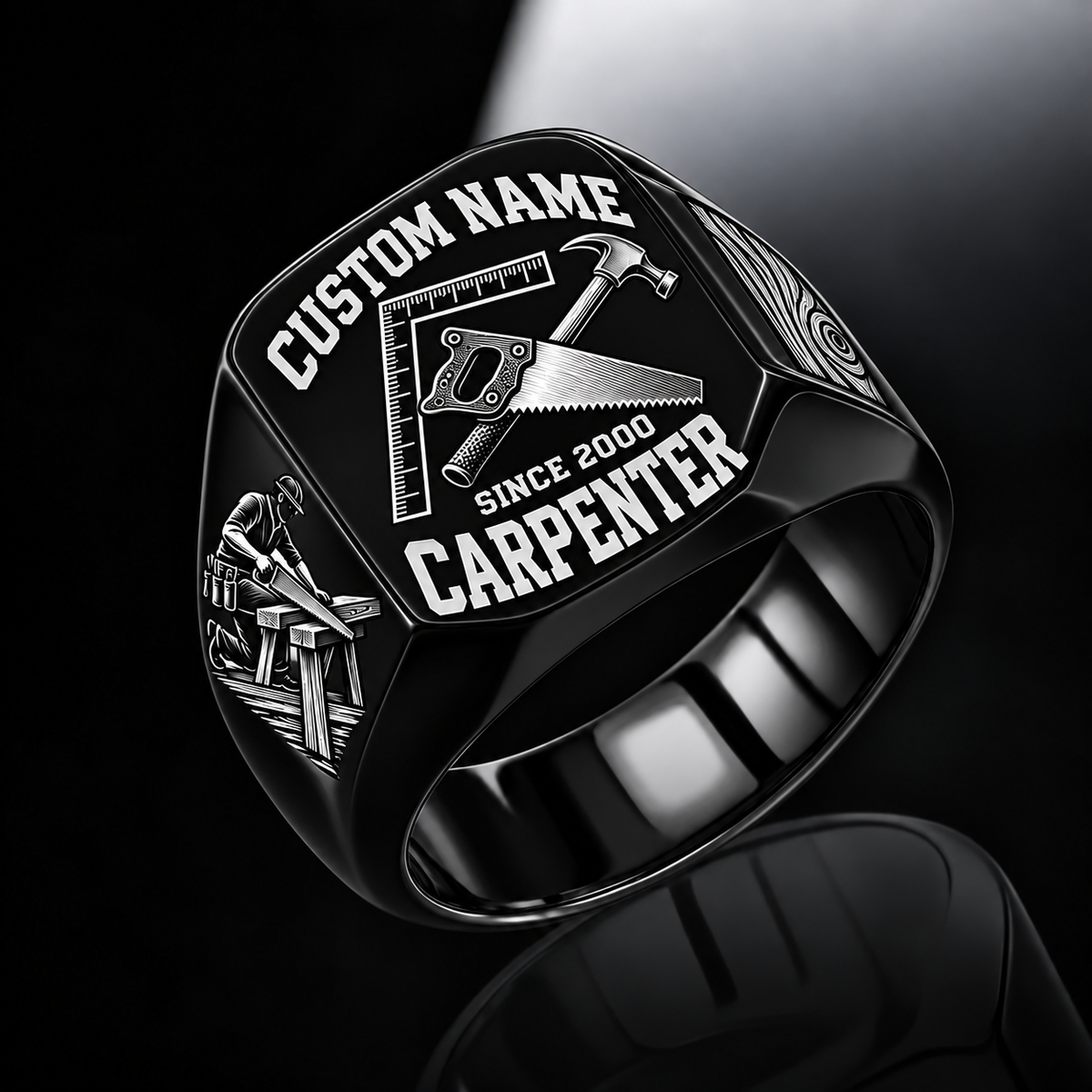 Carpenter Bold Lettering ring in Black, showing CUSTOM NAME and SINCE 2000