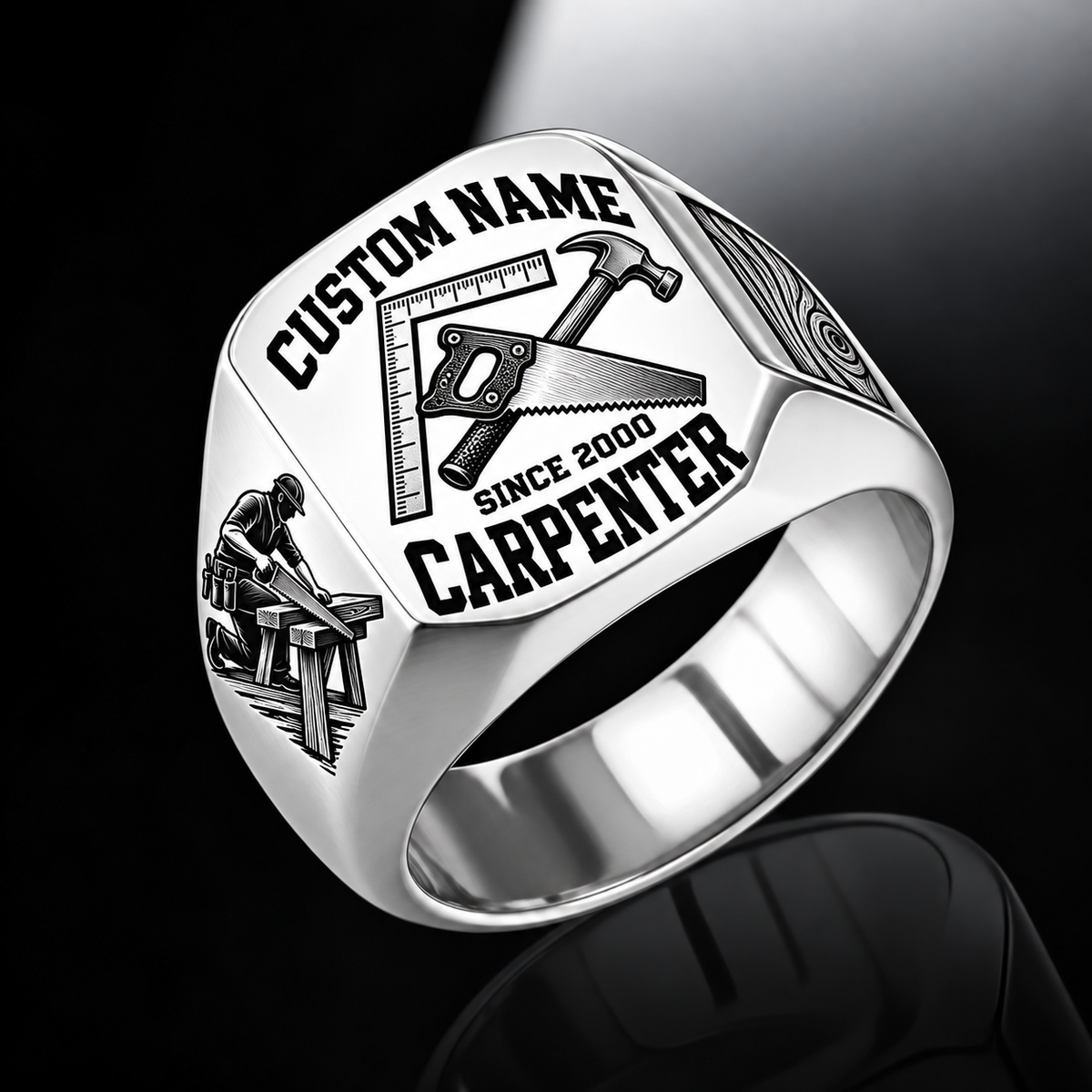 Carpenter Bold Lettering ring in Silver, showing CUSTOM NAME and SINCE 2000