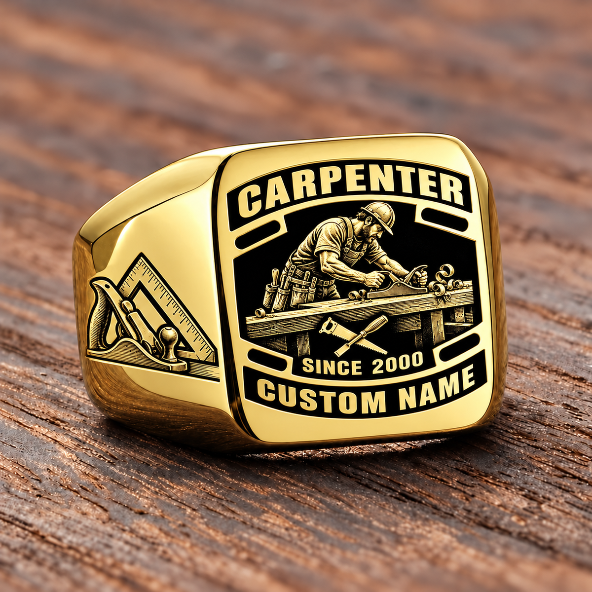 Carpenter Black Face Badge ring in Gold, showing CUSTOM NAME and SINCE 2000