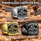 Carpenter Black Face Badge personalized ring in Silver, Gold and Black with CUSTOM NAME and SINCE 2000 on a carpenter-themed background