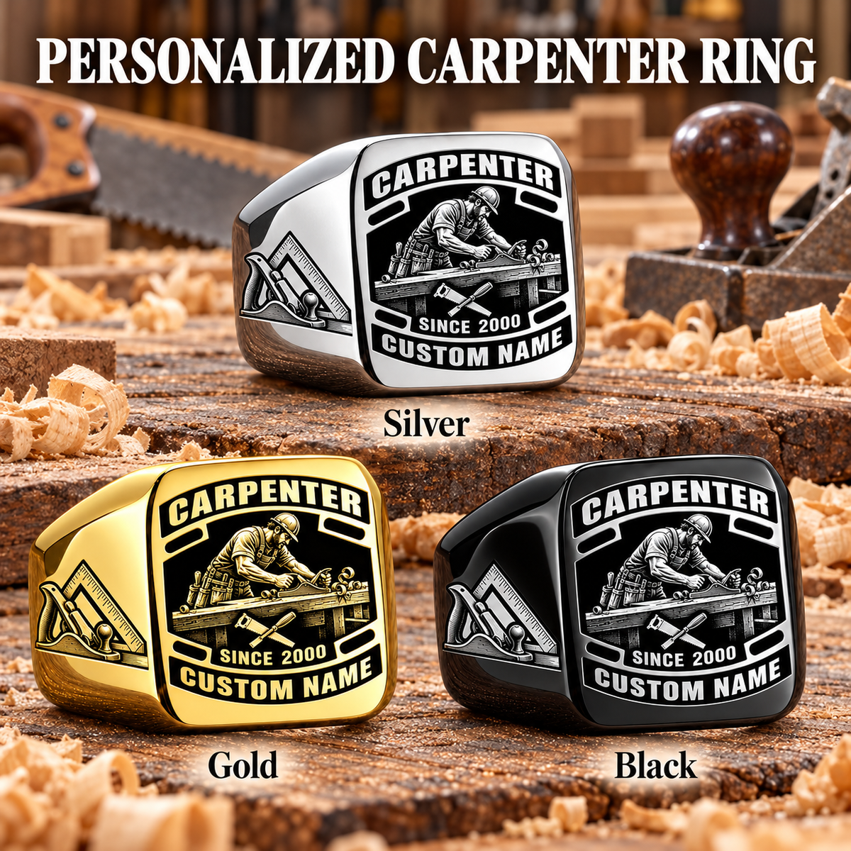 Carpenter Black Face Badge personalized ring in Silver, Gold and Black with CUSTOM NAME and SINCE 2000 on a carpenter-themed background
