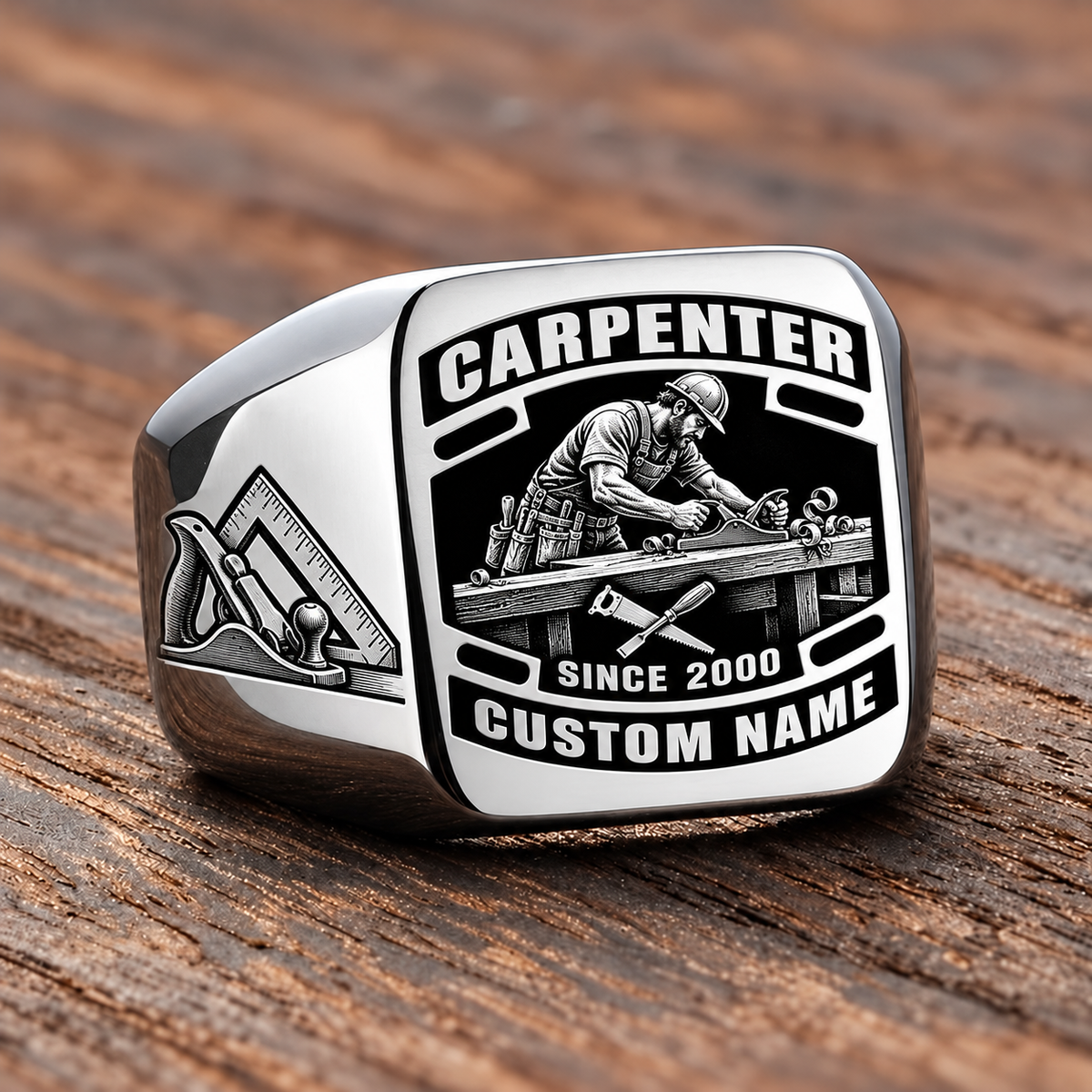 Carpenter Black Face Badge ring in Silver, showing CUSTOM NAME and SINCE 2000