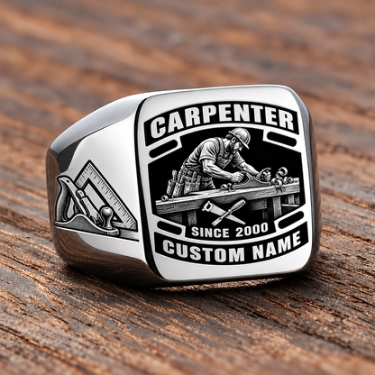 Carpenter Black Face Badge ring in Silver, showing CUSTOM NAME and SINCE 2000