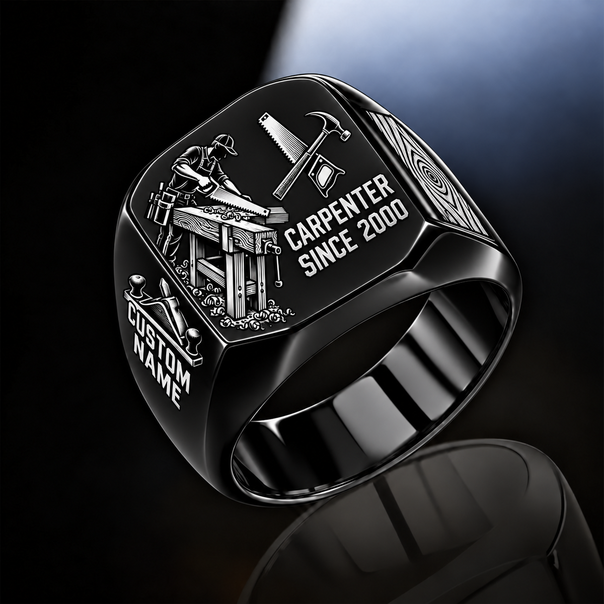 Carpenter Split Emblem ring in Black, showing CUSTOM NAME and SINCE 2000