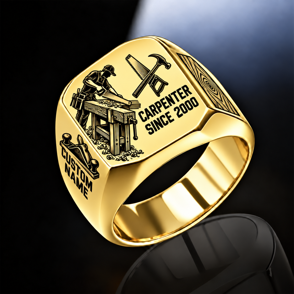 Carpenter Split Emblem ring in Gold, showing CUSTOM NAME and SINCE 2000