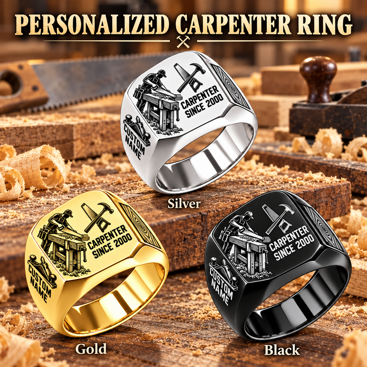 Carpenter Split Emblem personalized ring in Silver, Gold and Black with CUSTOM NAME and SINCE 2000 on a carpenter-themed background