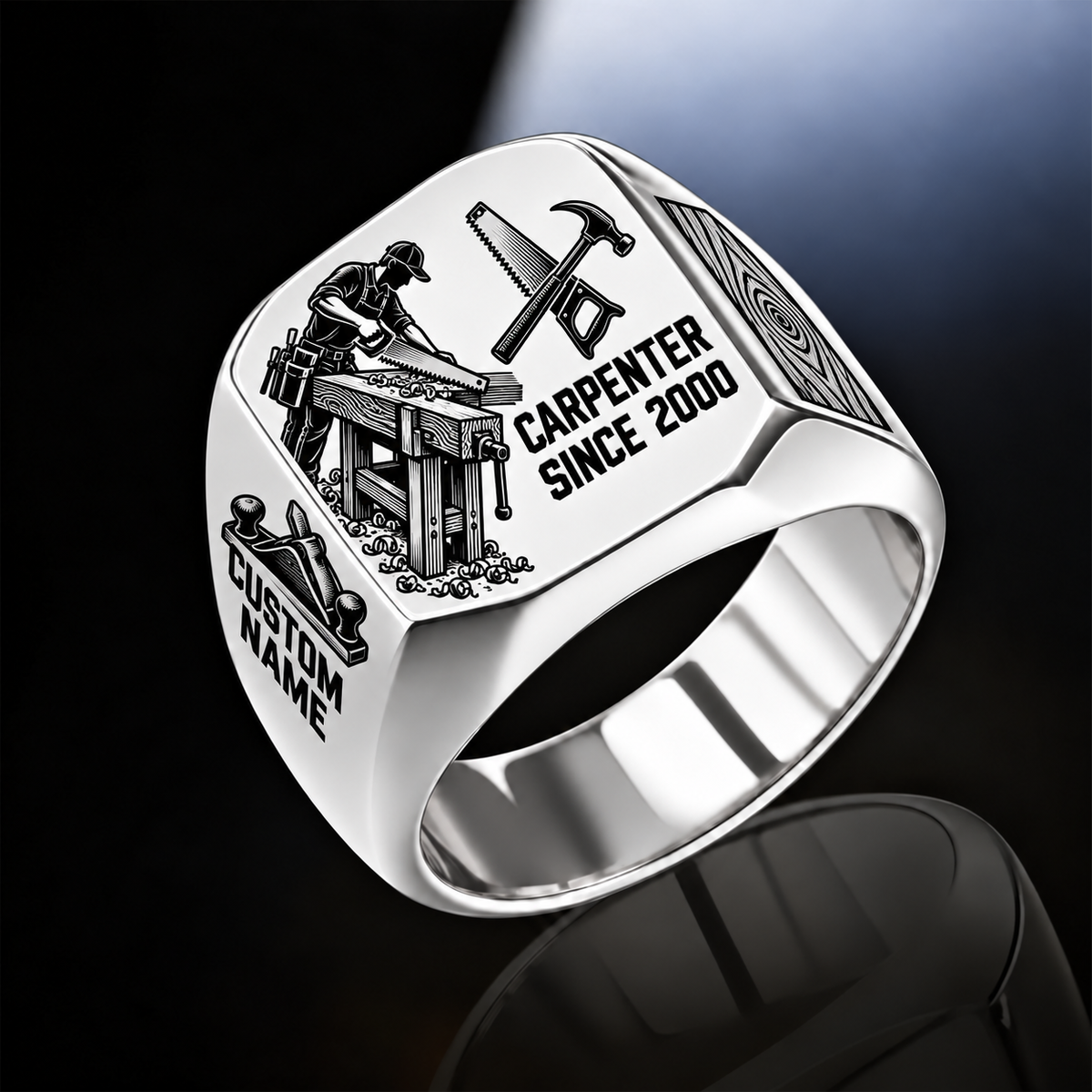 Carpenter Split Emblem ring in Silver, showing CUSTOM NAME and SINCE 2000