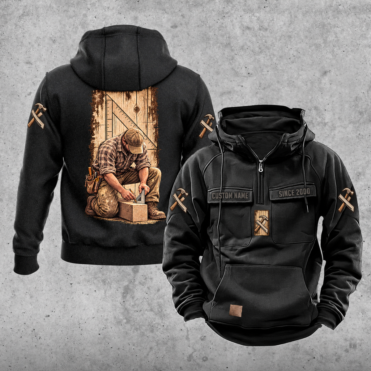 Carpenter Daily Commitment Portrait Vintage Hoodie in Black, front and back views with sample text CUSTOM NAME and SINCE 2000.