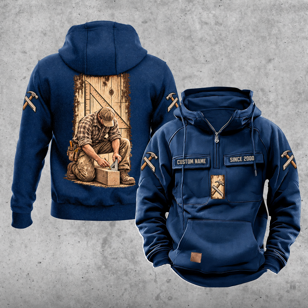 Carpenter Daily Commitment Portrait Vintage Hoodie in Dark Blue, front and back views with sample text CUSTOM NAME and SINCE 2000.