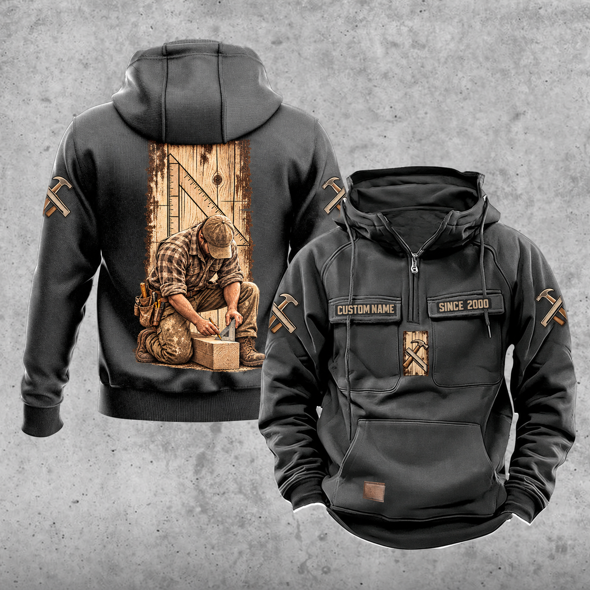 Carpenter Daily Commitment Portrait Vintage Hoodie in Dark Gray, front and back views with sample text CUSTOM NAME and SINCE 2000.