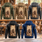 Carpenter Daily Commitment Portrait Vintage Hoodie in Military Green, Kaki, Dark Gray, Black and Dark Blue, five complete back views with kneeling carpenter artwork in a woodworking workshop.
