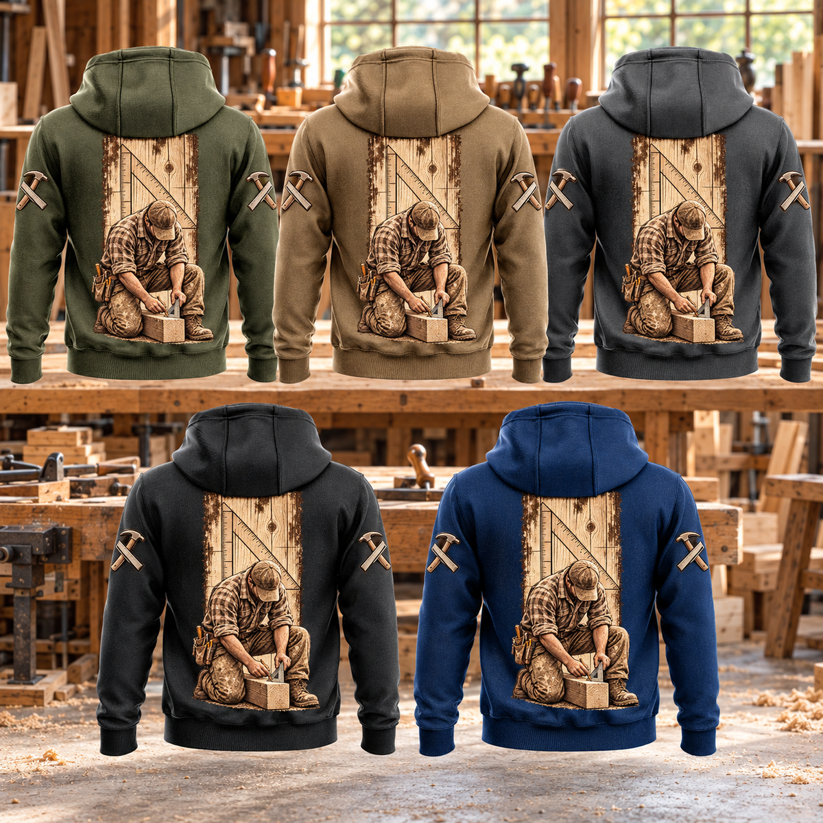 Carpenter Daily Commitment Portrait Vintage Hoodie in Military Green, Kaki, Dark Gray, Black and Dark Blue, five complete back views with kneeling carpenter artwork in a woodworking workshop.