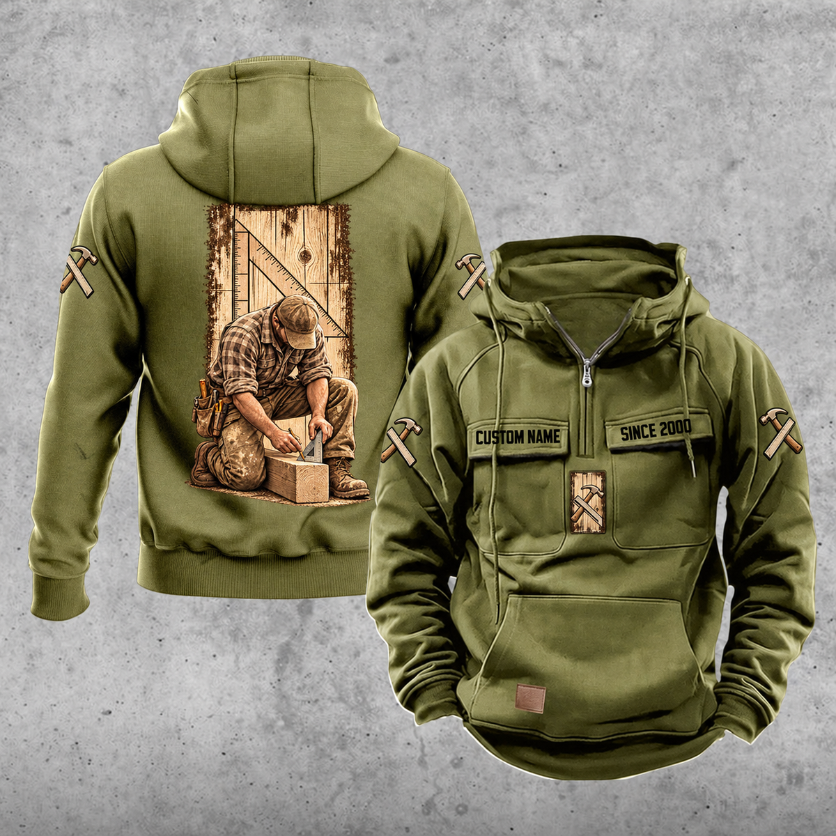 Carpenter Daily Commitment Portrait Vintage Hoodie in Military Green, front and back views with sample text CUSTOM NAME and SINCE 2000.