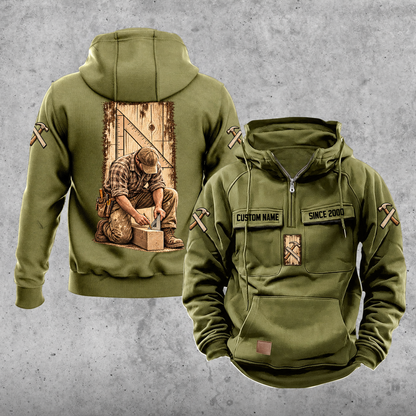 Carpenter Daily Commitment Portrait Vintage Hoodie in Military Green, front and back views with sample text CUSTOM NAME and SINCE 2000.