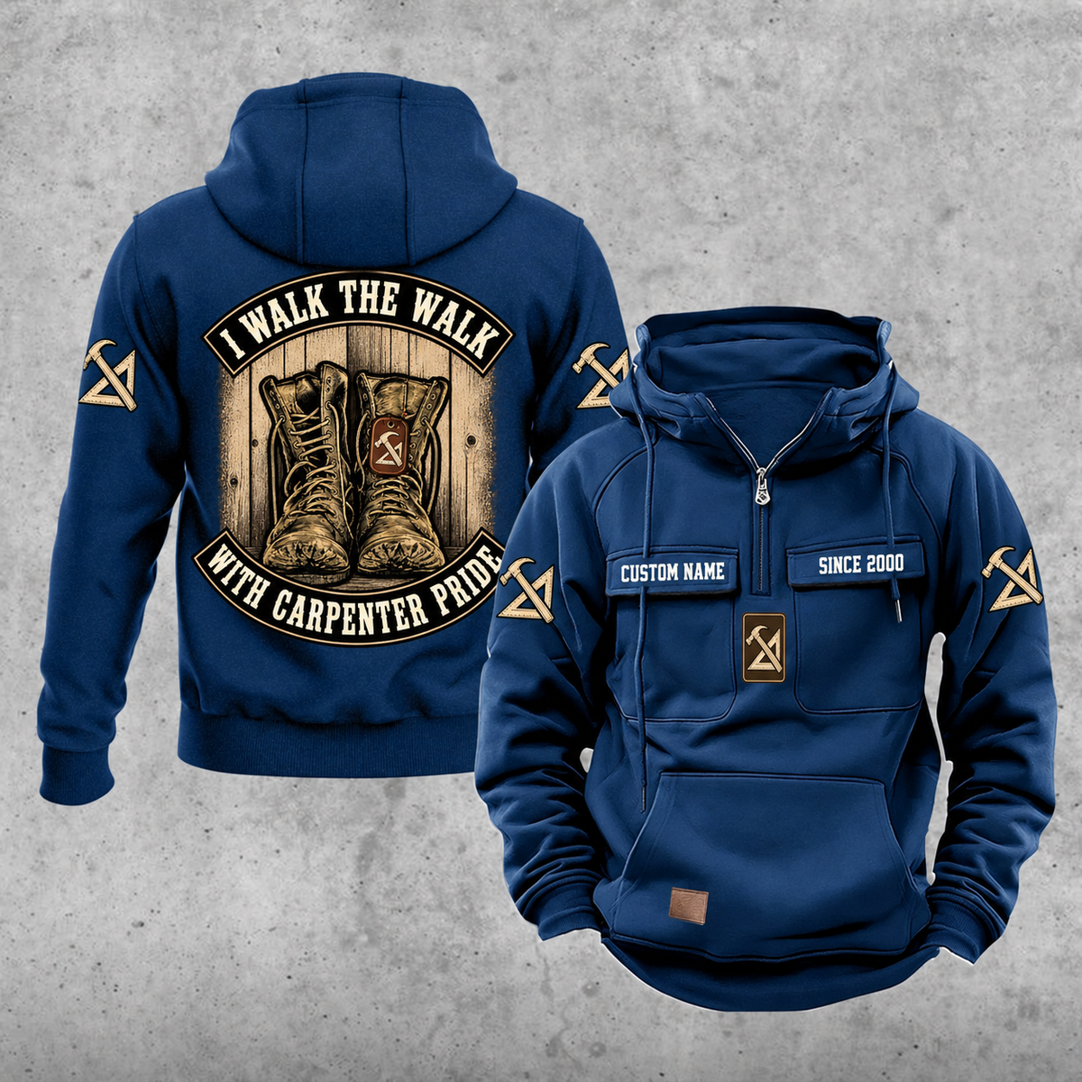 Carpenter Walk the Walk Badge Vintage Hoodie in Dark Blue, front and back views with sample text CUSTOM NAME and SINCE 2000.