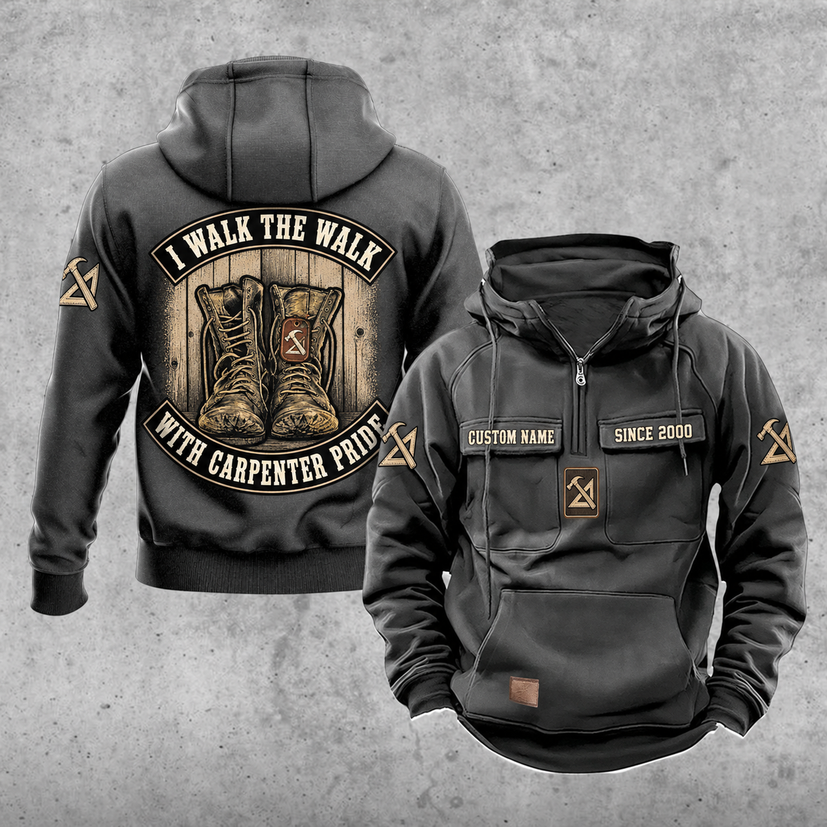 Carpenter Walk the Walk Badge Vintage Hoodie in Dark Gray, front and back views with sample text CUSTOM NAME and SINCE 2000.