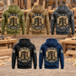 Carpenter Walk the Walk Badge Vintage Hoodie in Military Green, Kaki, Dark Gray, Black and Dark Blue, showing five complete back views with arched boots artwork in a quiet woodworking shop.
