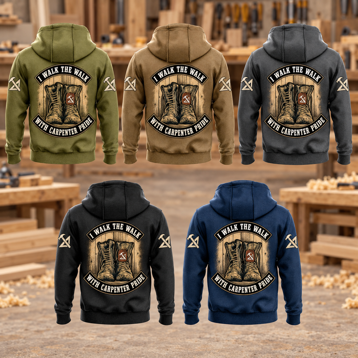 Carpenter Walk the Walk Badge Vintage Hoodie in Military Green, Kaki, Dark Gray, Black and Dark Blue, showing five complete back views with arched boots artwork in a quiet woodworking shop.