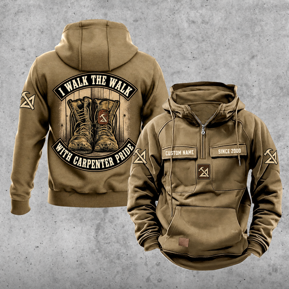 Carpenter Walk the Walk Badge Vintage Hoodie in Kaki, front and back views with sample text CUSTOM NAME and SINCE 2000.