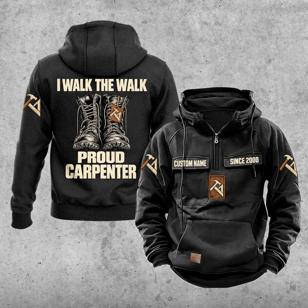 Carpenter Proud Walk Vintage Hoodie in Black, front and back views with boot-pair artwork, carpentry symbols, and sample chest text CUSTOM NAME and SINCE 2000.