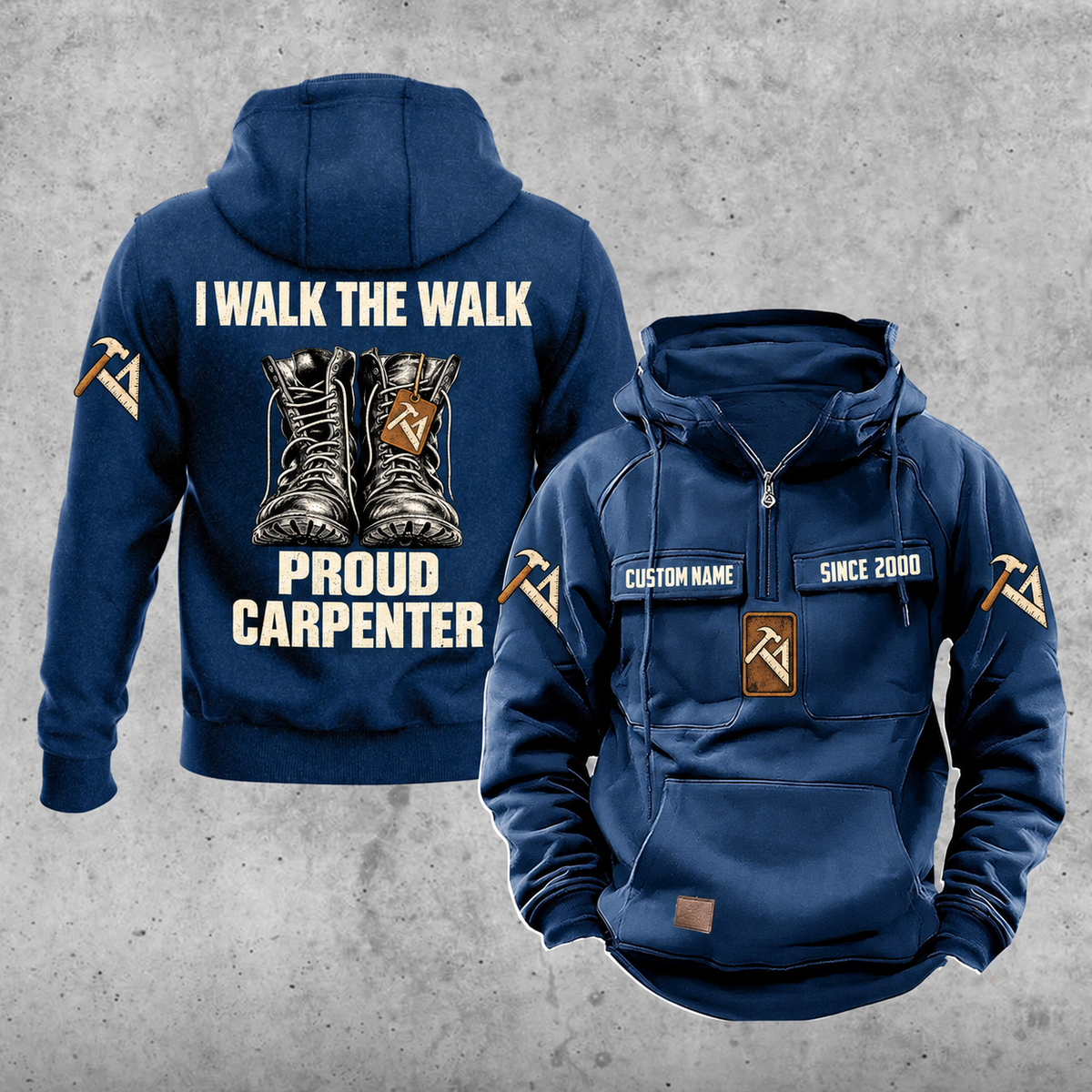 Carpenter Proud Walk Vintage Hoodie in Dark Blue, front and back views with boot-pair artwork, carpentry symbols, and sample chest text CUSTOM NAME and SINCE 2000.