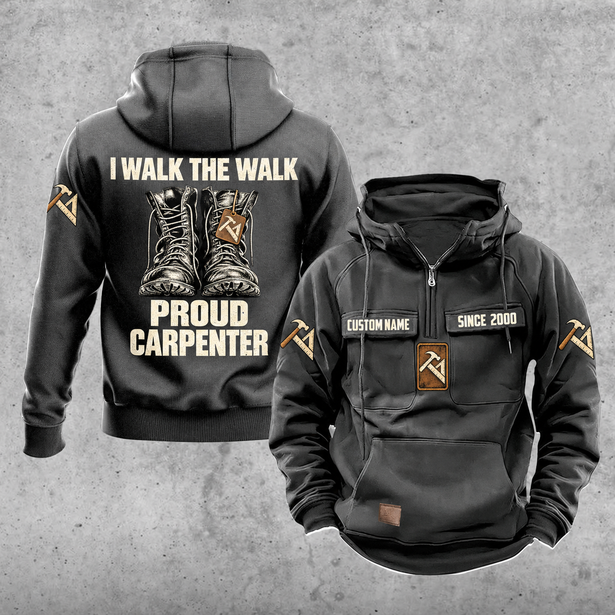 Carpenter Proud Walk Vintage Hoodie in Dark Gray, front and back views with boot-pair artwork, carpentry symbols, and sample chest text CUSTOM NAME and SINCE 2000.