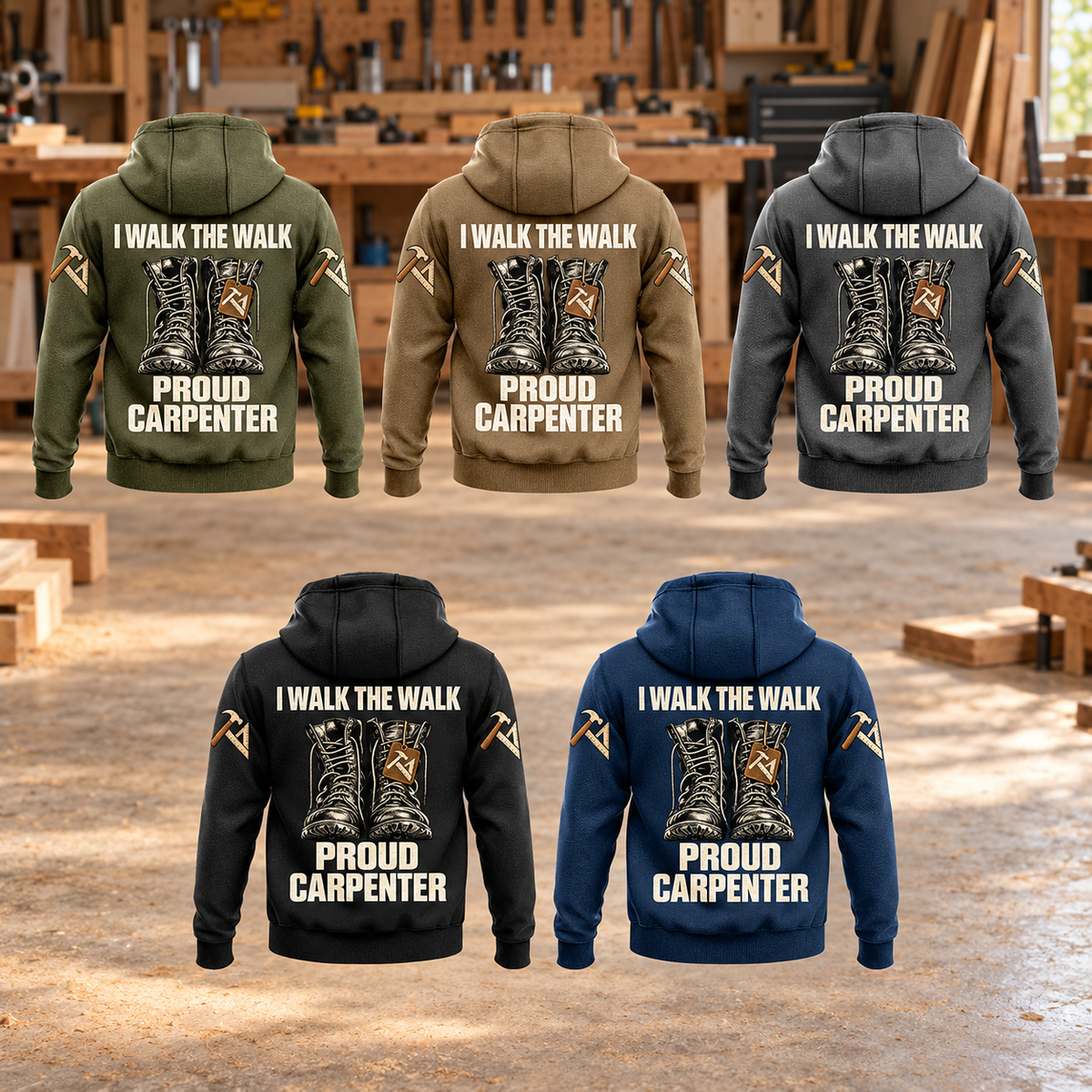 Carpenter Proud Walk Vintage Hoodie in Military Green, Kaki, Dark Gray, Black and Dark Blue, five complete separated back views in a quiet woodworking workshop.