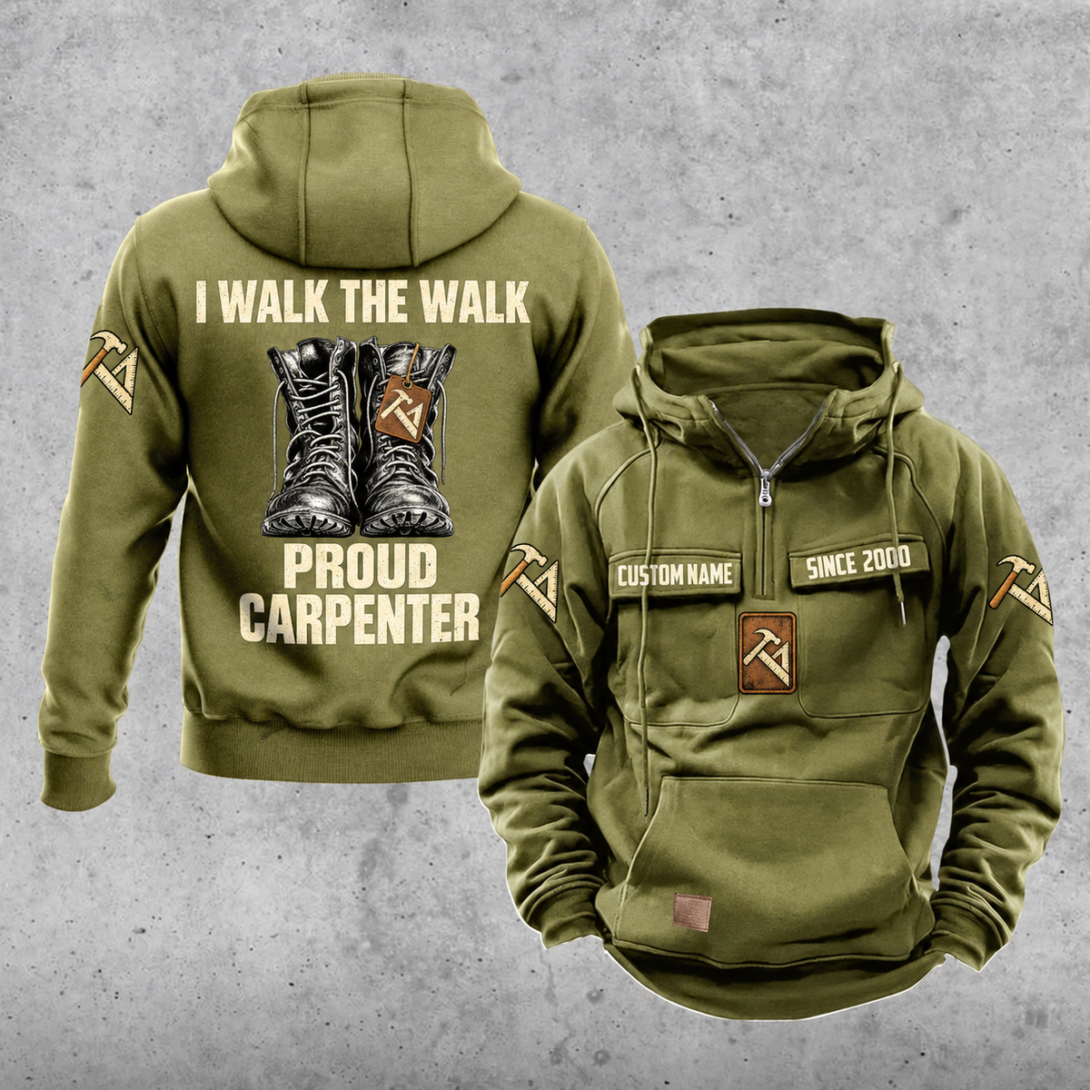 Carpenter Proud Walk Vintage Hoodie in Military Green, front and back views with boot-pair artwork, carpentry symbols, and sample chest text CUSTOM NAME and SINCE 2000.