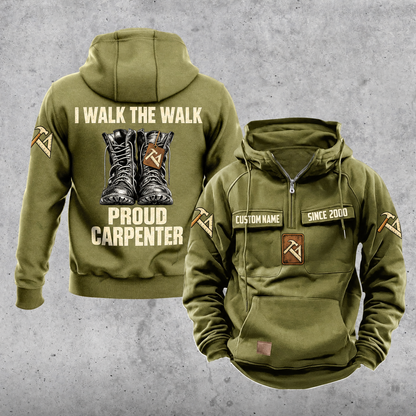 Carpenter Proud Walk Vintage Hoodie in Military Green, front and back views with boot-pair artwork, carpentry symbols, and sample chest text CUSTOM NAME and SINCE 2000.