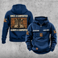 Carpenter Once and Always Vintage Hoodie in Dark Blue, front and back views with sample text CUSTOM NAME and SINCE 2000, hammer-and-square motifs and framed work-boot back artwork.