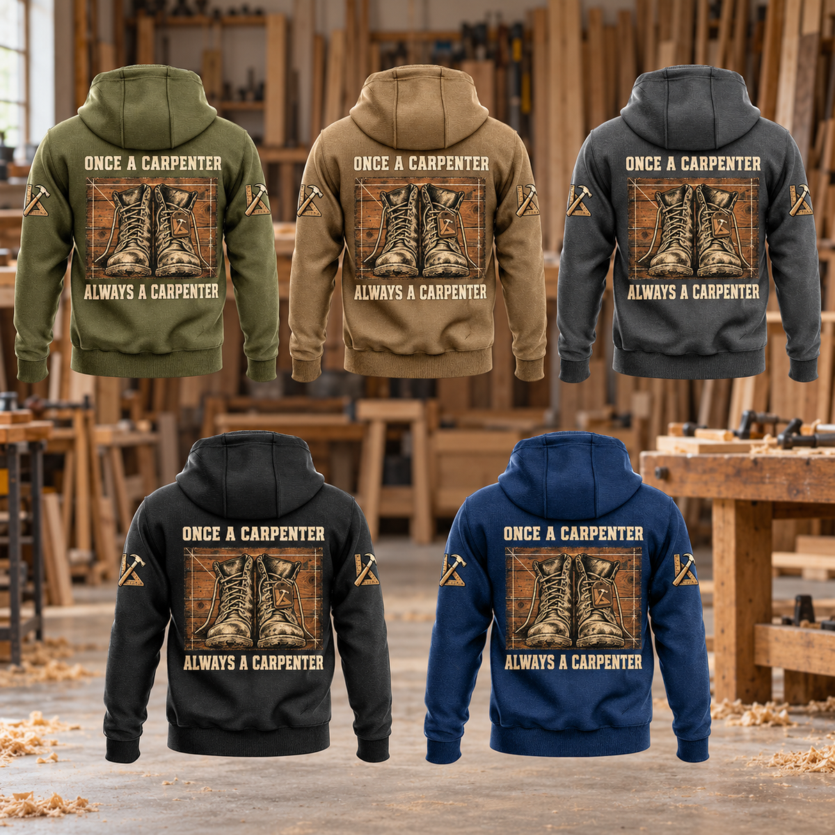 Five Carpenter Once and Always Vintage Hoodie back views in Military Green, Kaki, Dark Gray, Black and Dark Blue, showing framed work-boot artwork and hammer-and-square sleeve motifs in a quiet woodworking workshop.