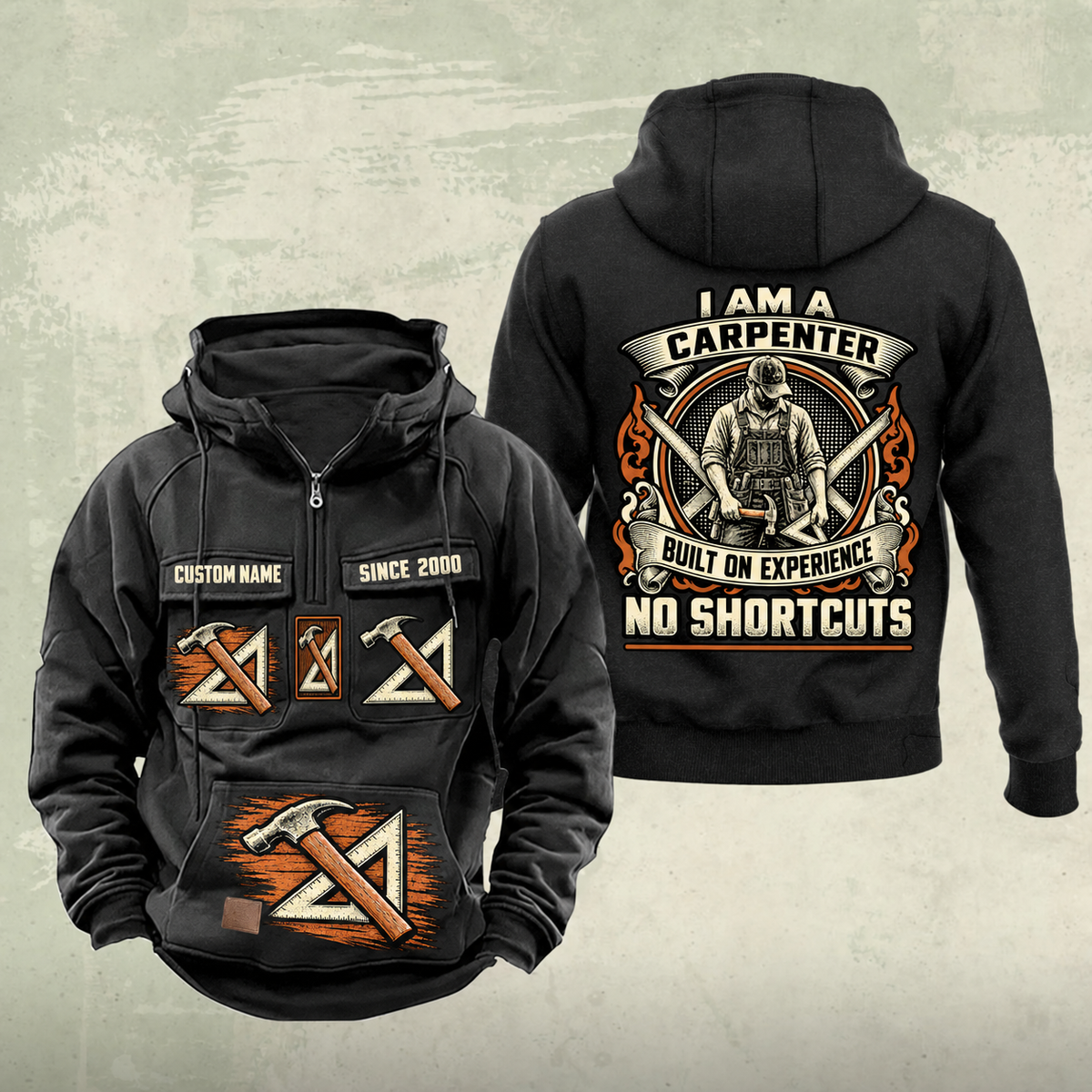 Carpenter Heritage Crest Vintage Hoodie in Black, front and back views with sample text CUSTOM NAME and SINCE 2000.