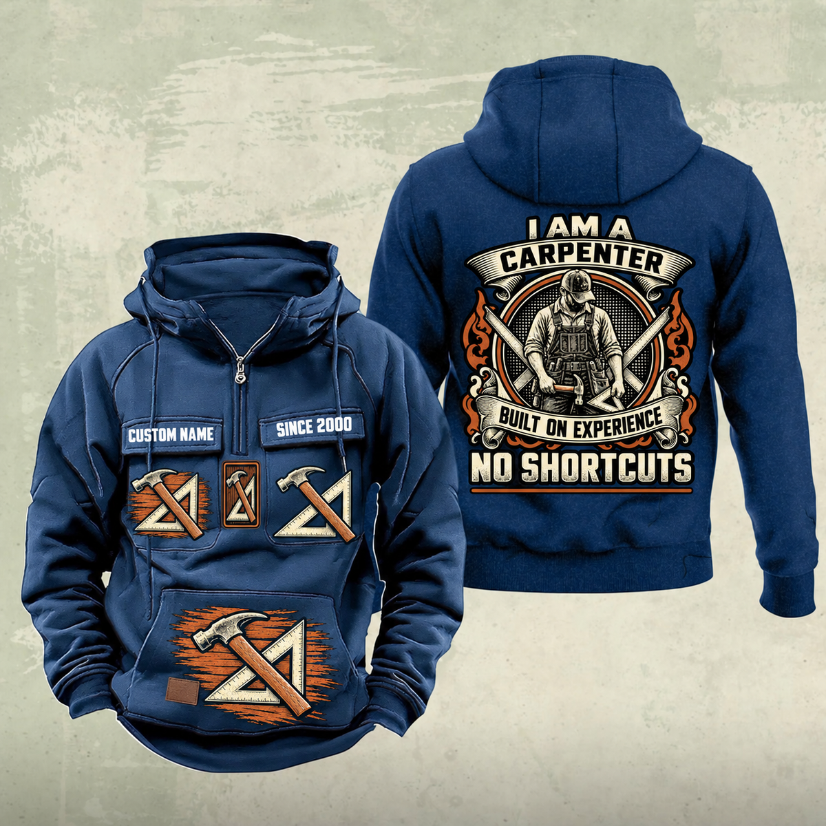 Carpenter Heritage Crest Vintage Hoodie in Dark Blue, front and back views with sample text CUSTOM NAME and SINCE 2000.