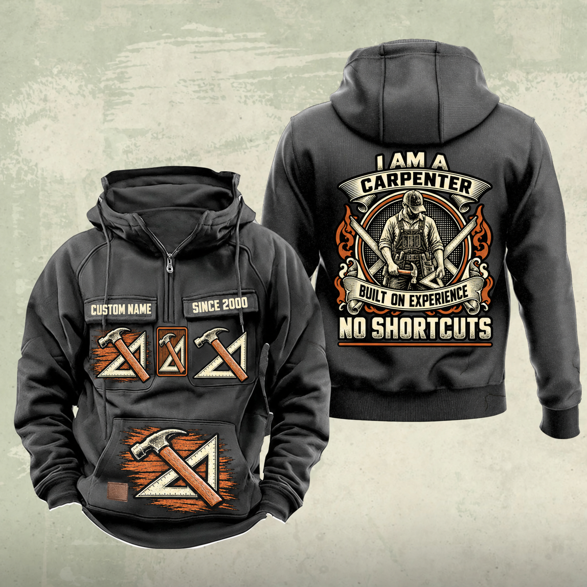 Carpenter Heritage Crest Vintage Hoodie in Dark Gray, front and back views with sample text CUSTOM NAME and SINCE 2000.