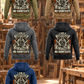 Carpenter Heritage Crest Vintage Hoodie in Military Green, Kaki, Dark Gray, Black and Dark Blue, five complete back views with ornate carpenter portrait crests in a quiet woodworking workshop.